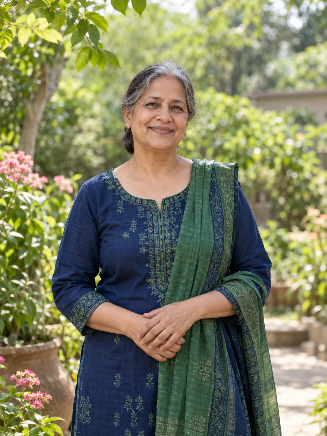 A generated illustrative portrait of a mature Bangladeshi woman enjoying a garden.