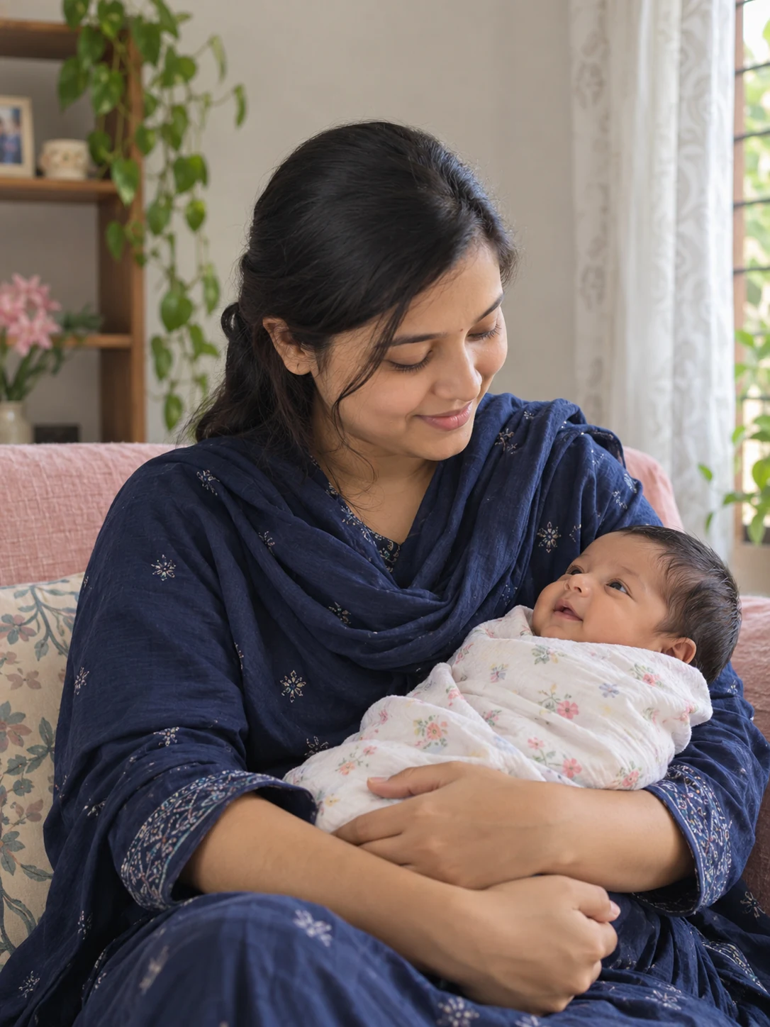 A generated illustrative photo of a Bangladeshi mother gently holding her swaddled newborn.
