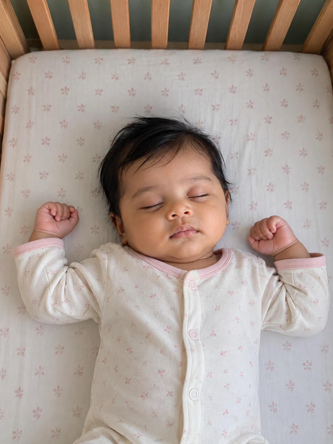 A generated illustrative photo of a fully clothed newborn resting safely in a cot.