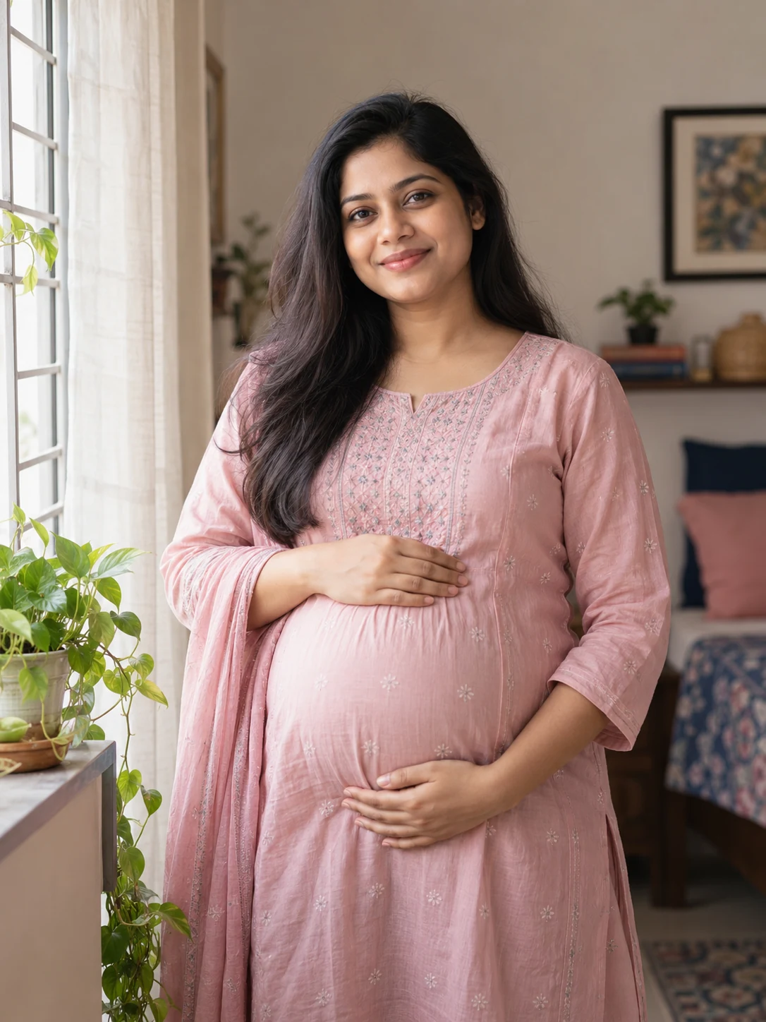 A generated illustrative portrait of a fully clothed pregnant Bangladeshi woman by a window.