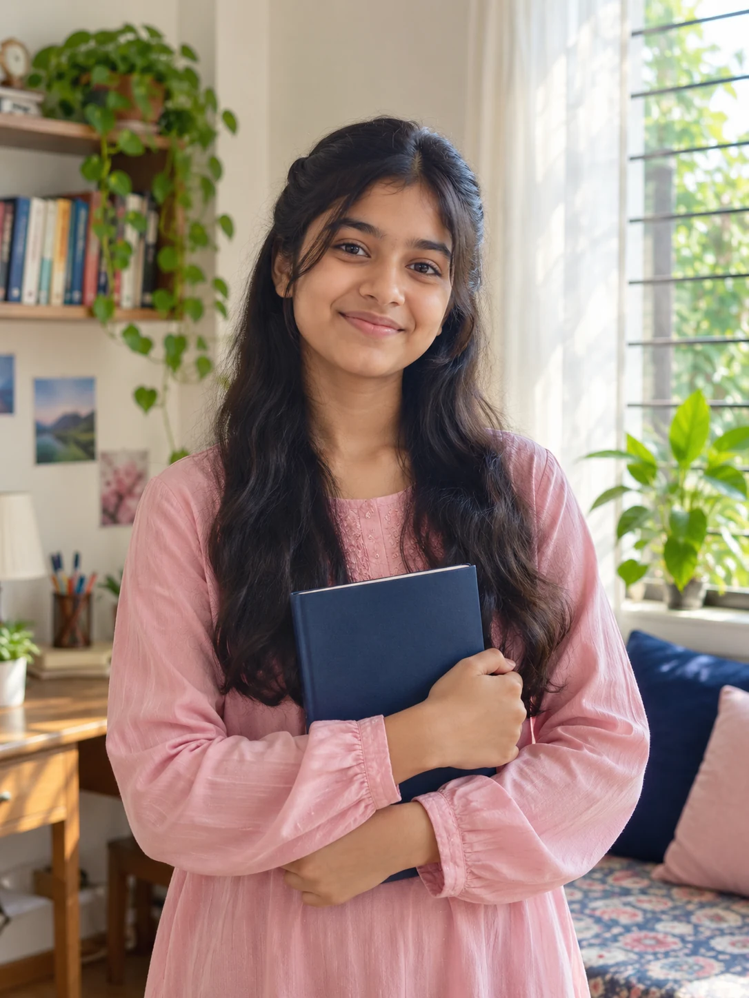 A generated illustrative portrait of a fully clothed teenage girl holding a notebook.