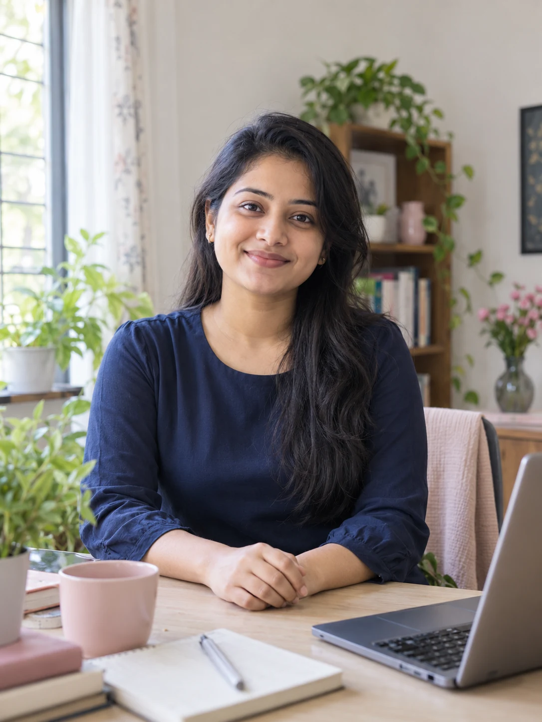 A generated illustrative portrait of a Bangladeshi woman in her home workspace.