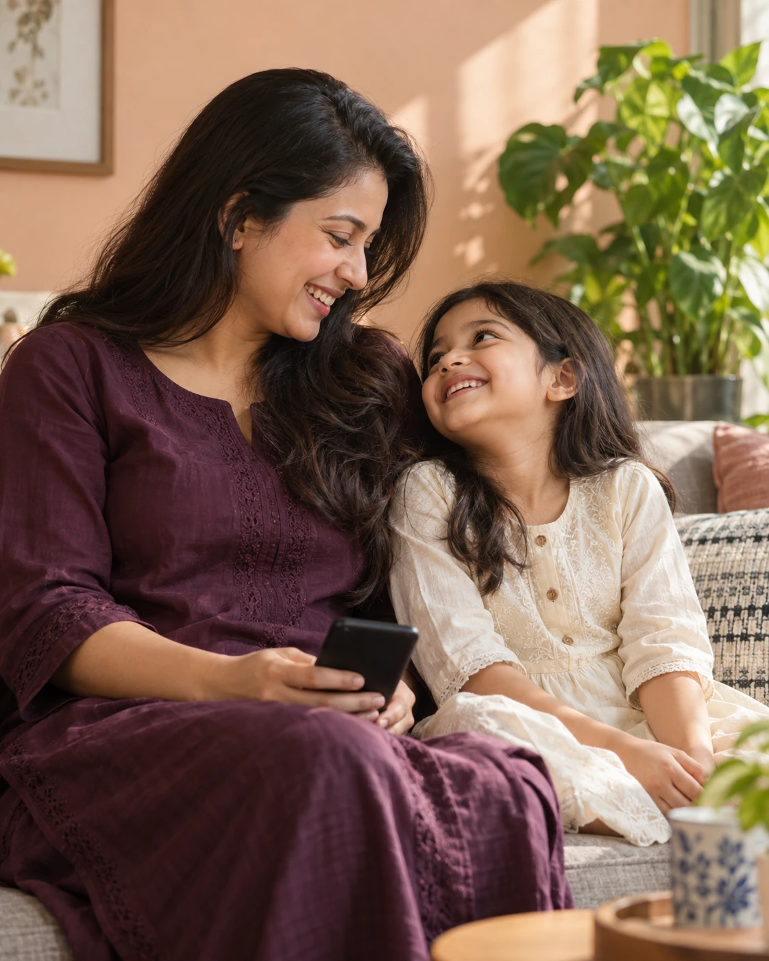 An illustrative portrait of a Bangladeshi mother and daughter sharing a happy moment.
